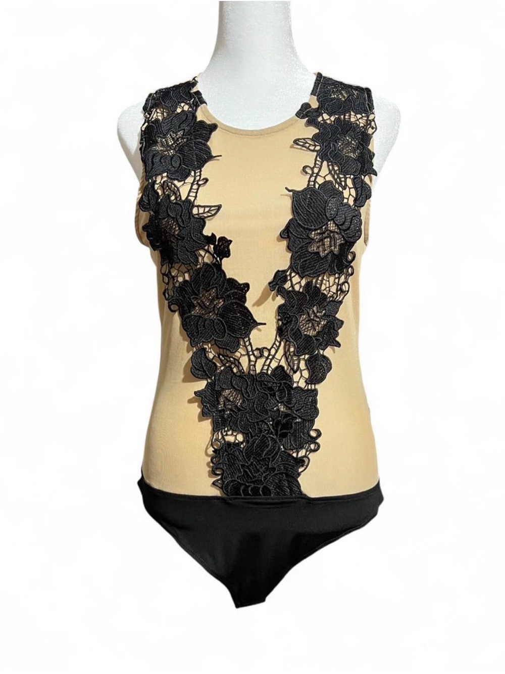 Timing Beige and Black Floral-Appliqué Sleeveless Bodysuit
